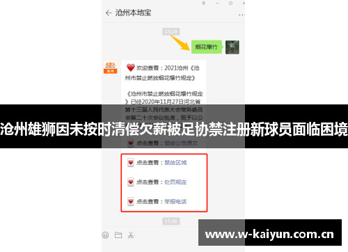 沧州雄狮因未按时清偿欠薪被足协禁注册新球员面临困境 沧州雄狮因未按时清偿欠薪被足协禁注册新球员面临困境